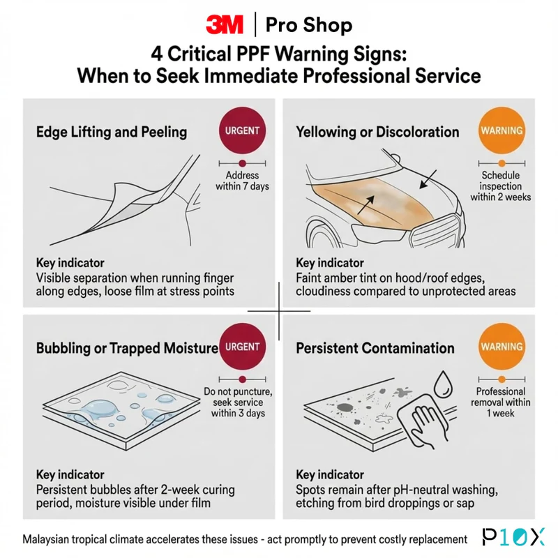 PPF maintenance Malaysia diagnostic guide showing four critical warning signs requiring immediate professional attention for Paint Protection Film