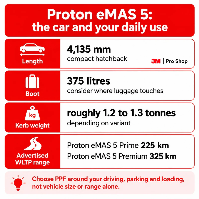 Proton eMAS 5 size, boot capacity, approximate weight and quoted WLTP range