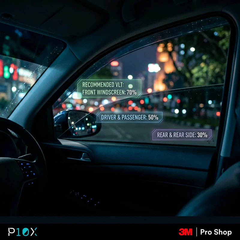 Window tint night driving recommended VLT setup for each car window position in Malaysia