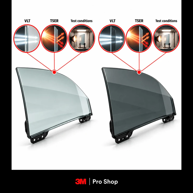 Infographic of two film reference cards linked to glass samples, labelled VLT, TSER and test conditions.