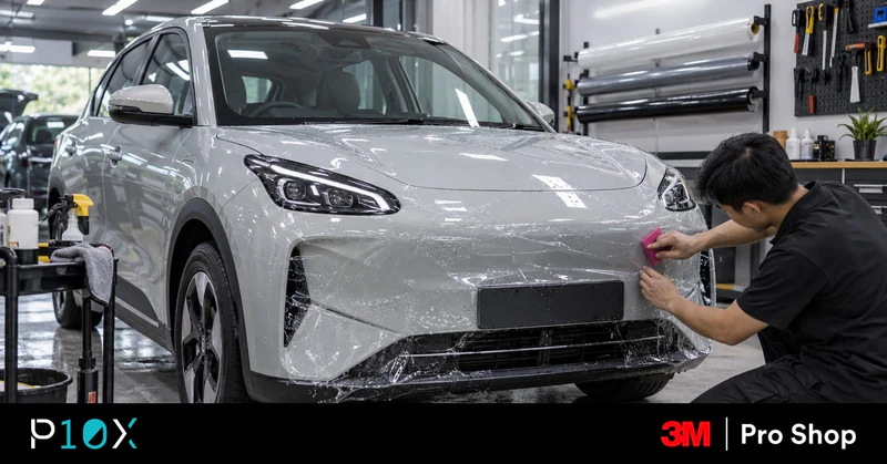 Proton eMAS 5 getting PPF applied to its front bumper in an installation bay