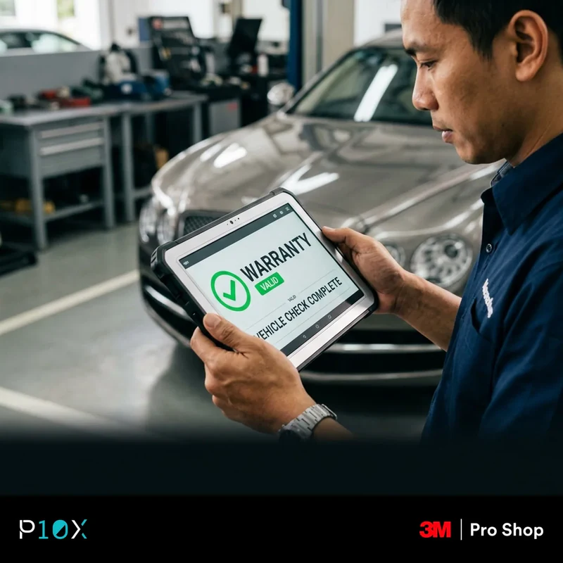 A professional Malaysian technician in an authorized workshop showing a digital E-Warranty certificate on a tablet to a customer.
