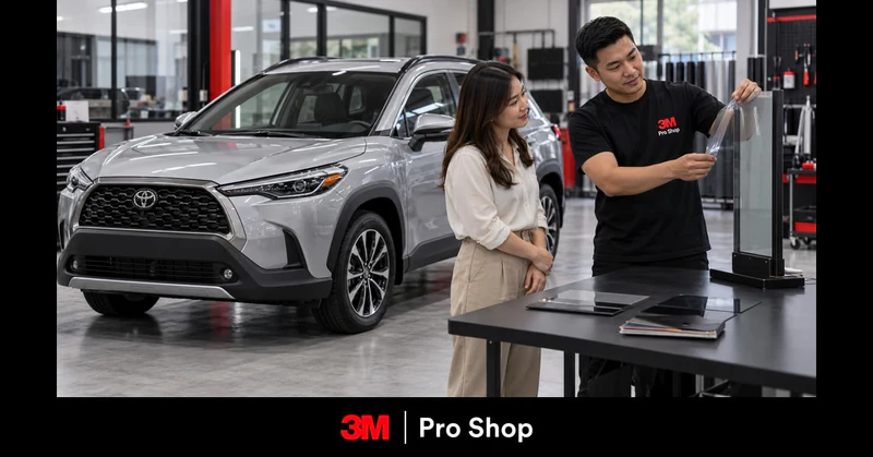 A technician and car owner compare a window film sample on a glass stand inside a 3M workshop.