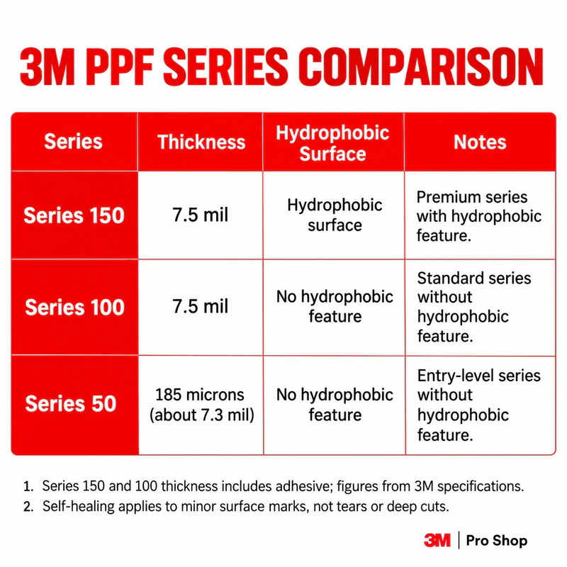 3M PPF Series 150, 100 and 50 compared by thickness and hydrophobic surface